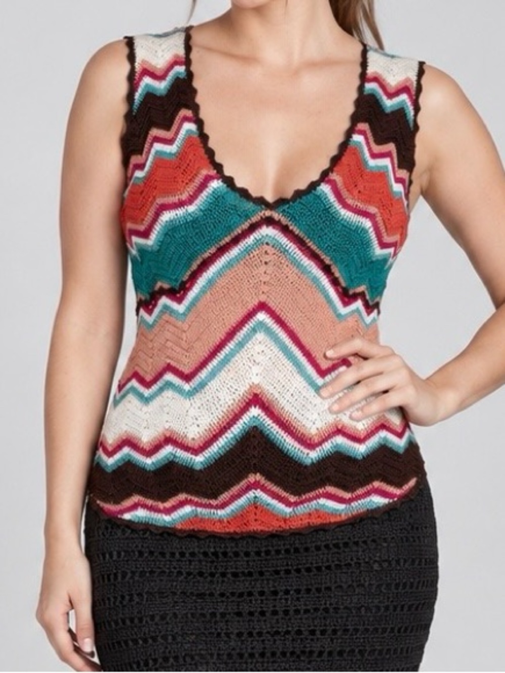 M Missoni Crochet Multicolor Chevron Knit V-Neck Sleeveless Top US 12